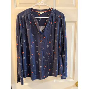 Boden Blouse 14 Large Navy Heart Print Button Popover Long Sleeve Whimsical